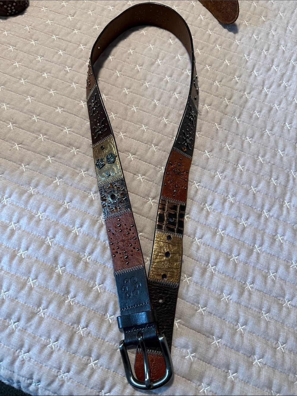 Patchwork Studded Leather Belt - Multicolor